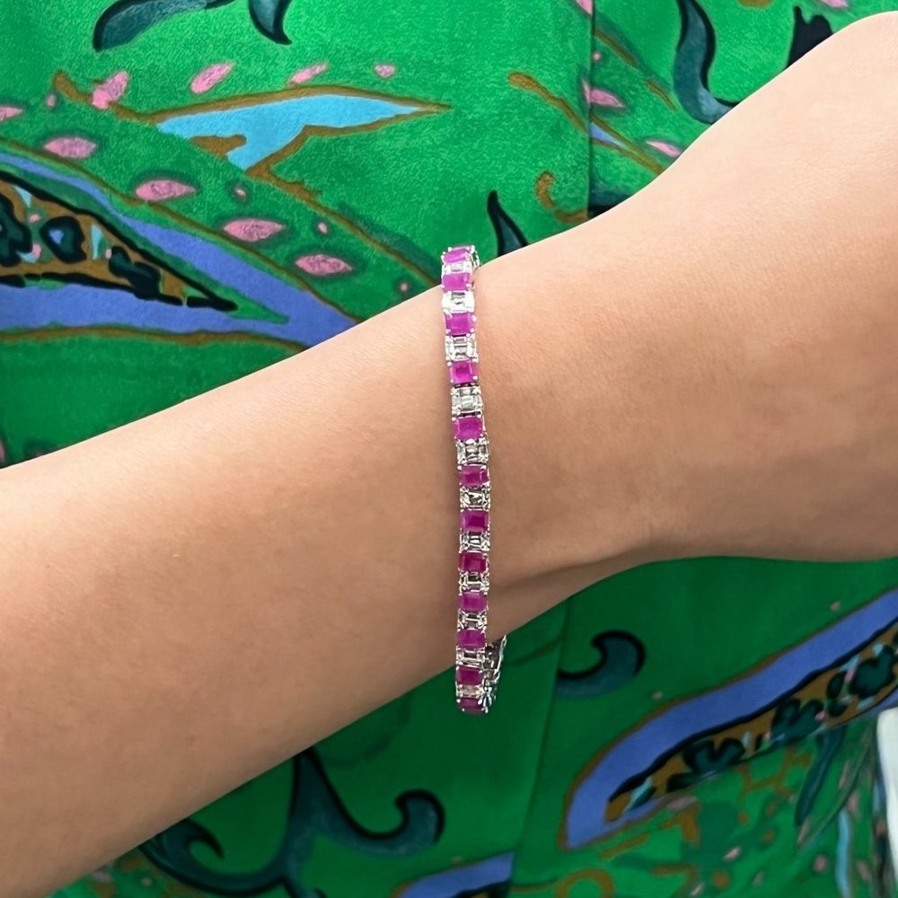 Emerald Cut Ruby and Diamond Tennis Bracelet 14K White Gold 7 Inches